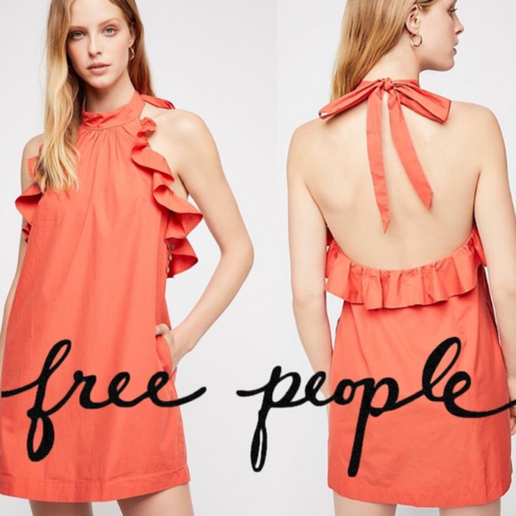 FREE PEOPLE Not So Sweet Halter Mini Dress M CORAL - Picture 1 of 8
